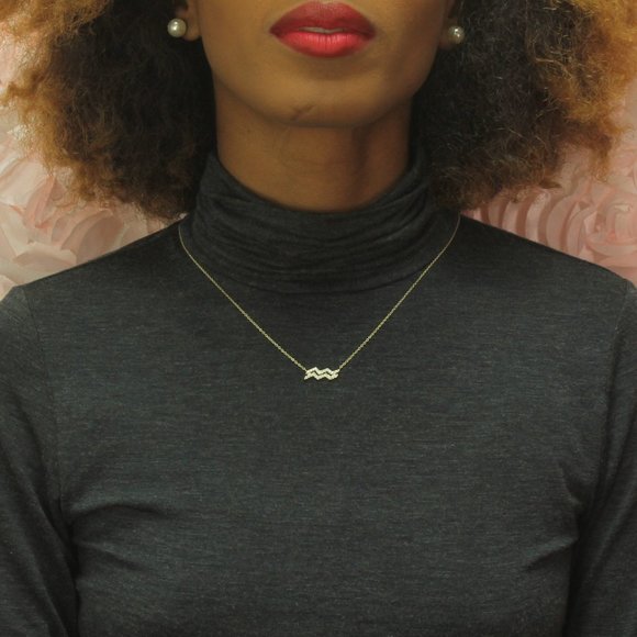 14k Gold Vermeil Aquarius Zodiac CZ Necklace - Picture 5 of 6